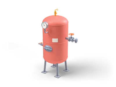 Coral vertical pressure tank on four legs with a round gauge, a brass safety valve and an orange handwheel