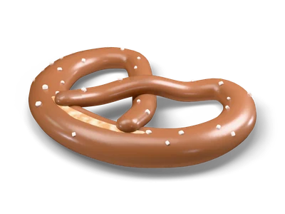Glossy brown lye pretzel with crossed arms, a pale torn strip and coarse salt crystals