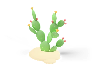 Green prickly pear cactus with flat oval pads, light dots, yellow flowers and coral fruits on a cream sand mound