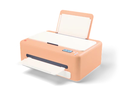 Peach inkjet printer with light scanner lid, white paper loaded at the back and an open cream output tray