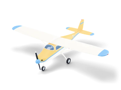Butter-yellow single-engine high-wing plane with white wing, sky-blue wing tips and spinner and black propeller