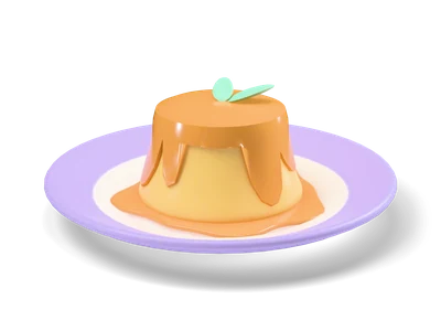 Caramel pudding with dripping caramel sauce and mint leaves on a white plate with a lavender rim