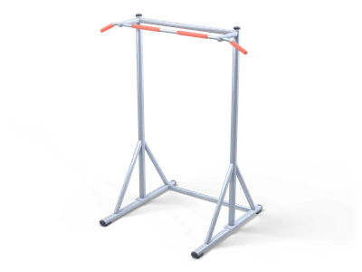 Free-standing blue-grey pull-up station with coral foam grips on a high bar and long floor feet