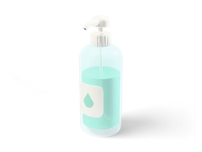Clear glass pump bottle with mint lotion, a visible dip tube, a white pump and a white label with a mint drop
