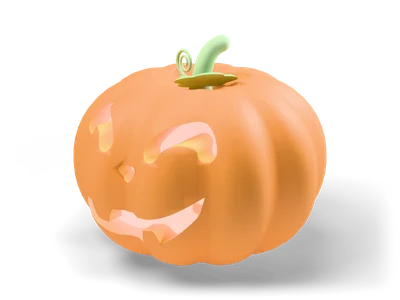 Calabaza de Halloween naranja estilizada con cara tallada sonriente, huecos amarillos luminosos y tallo verde rizado