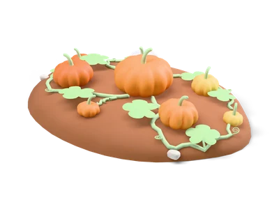 Stilisiertes Kürbisbeet mit orangen, gelben und weißen Kürbissen, grünen Ranken und Blättern auf ovalem braunem Erdhügel