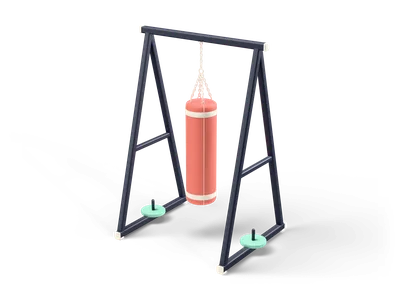 Coral punching bag hanging on chains from a dark free-standing A-frame stand with weight plates