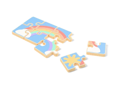 Wooden jigsaw puzzle with a pastel rainbow, clouds and sun, five pieces joined and three loose