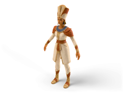 Wüstenkönigin als 3D-Modell mit hoher Kopfkrone in Creme und Terrakotta, lapisblauem Kragen, terrakottafarbenen Schulterstücken, elfenbeinfarbenem Tunikakleid und Sandalenstiefeln, stehend in A-Pose