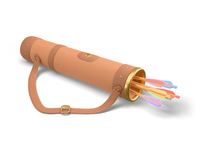Stylized leather quiver lying on its side with a brass rim, studded darker leather bands, a brass star patch, a loose strap with buckle and six arrows with colorful feathers