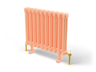 Peach colored vintage column radiator with a gold valve and white knob on two small feet