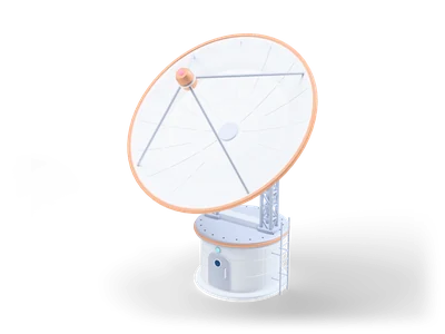Radio telescope with large white parabolic dish, orange rim, receiver tripod and lattice mount on a round base