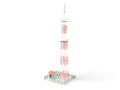 Torre de radio de celosía coral y blanca con antenas y luces rojas de aviso junto a una pequeña caseta técnica menta