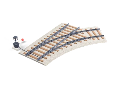 Desvío ferroviario con vía recta y vía curva, corazón, contracarriles y palanca con pequeño farol