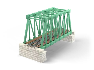 Grüne stählerne Fachwerk-Eisenbahnbrücke mit Schwellenbelag und Schienen auf zwei Steinwiderlagern