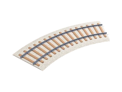 Curved railway track bending 45 degrees with fan shaped wooden sleepers on grey ballast