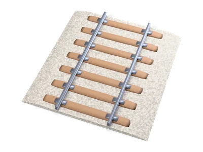 Gerades Gleisstück mit grauem Schotter, braunen Holzschwellen und zwei Stahlschienen