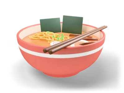 Coral ramen bowl with noodles, egg halves, chashu, narutomaki, nori and chopsticks on the rim