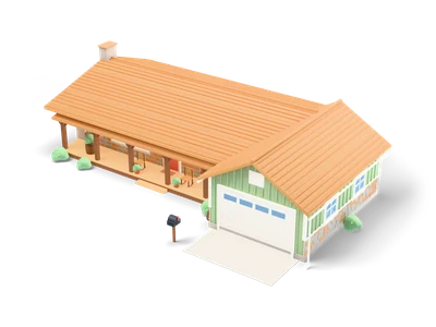 Long sage green L-shaped ranch house with fieldstone base, cedar shake roof, deep front porch, garage wing and stone chimney