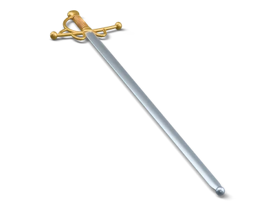 Stylized rapier lying flat with a slender steel blade, ball tip and a swept brass hilt with rings over a leather grip with brass wire