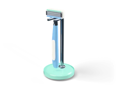 Light blue wet razor with a white head hanging in a chrome stand on a mint base