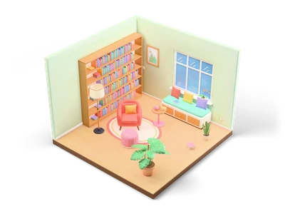 Isometrische Leseecke mit Fenstersitzbank und Kissen, Bücherwand, korallenrotem Sessel, Stehlampe und rundem Teppich