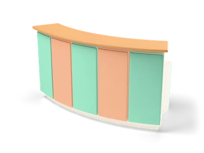 Curved reception desk with mint and peach front panels and a high honey wood counter on top