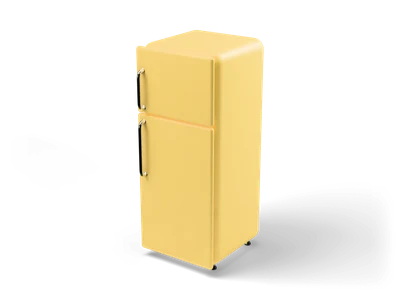 Butter yellow retro fridge-freezer with rounded corners, freezer door on top and chrome handles