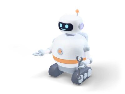 Round white robot on dark tracks with glowing cyan eyes, an orange band and a wrench in its gripper