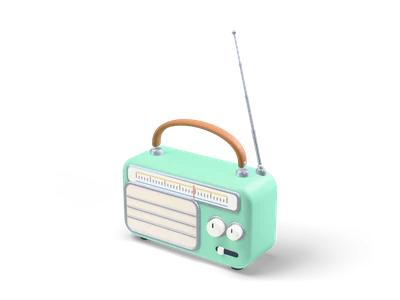 Radio retro estilizada verde menta con altavoz crema, dial, dos perillas, asa marrón y antena inclinada