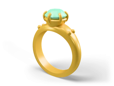 Gold ring standing upright with a faceted mint green gem held by six round prongs
