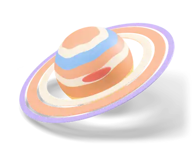 Pastel striped gas giant with coral storm spot, tilted and surrounded by a floating ring of three bands