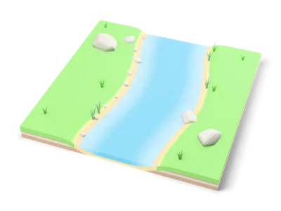 Square grass tile with a light blue river curving through the middle, sandy banks, stones and reeds