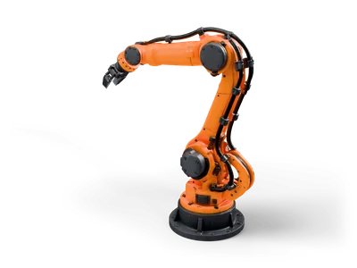 Orange industrial robot arm with black cable harness, dark joint covers and a two-finger gripper on a round black base