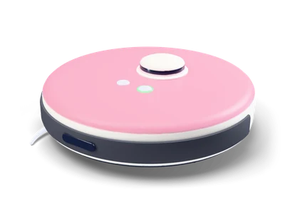 Round pink robot vacuum with cream ring, dark bumper with sensor window, a sensor turret and a green light button