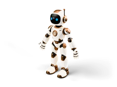 White and bronze humanoid robot standing in an A-pose, with a black visor face and two glowing cyan eyes