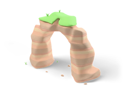 Warm peach and tan striped sandstone arch with two legs and a small green grass patch on top