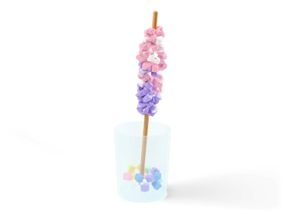 Pastel pink and lavender rock candy crystals on a wooden stick in a small glass with loose sugar pieces