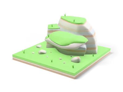 Square grass tile with a layered grey rock block and a flat grassy stone shelf jutting out over the meadow