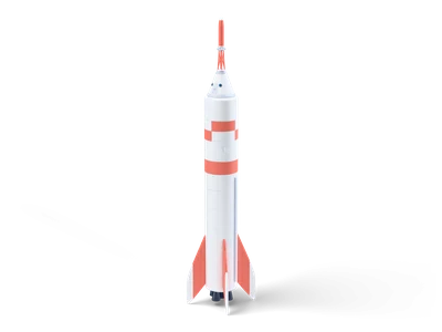 White stylized rocket with coral bands, checkered pattern, crew capsule, escape tower and four fins