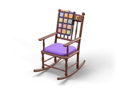 Dark wooden rocking chair with purple knitted cushion, crocheted blanket and gold moon on the backrest