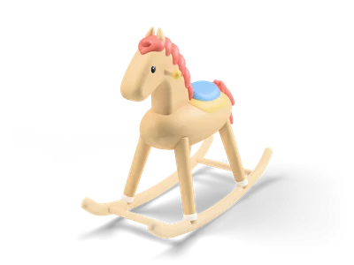 Wooden rocking horse with coral mane and tail, blue saddle on yellow cloth and curved rockers