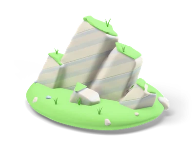 Group of tilted light grey layered rock slabs with grass tops rising from a round green mound