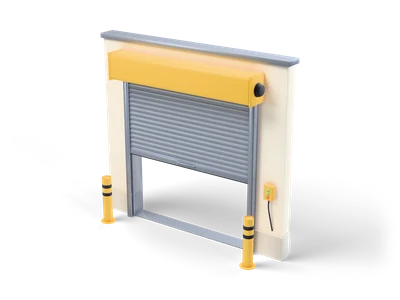 Grey roller shutter half open in a cream wall section with a yellow coil box and yellow bollards