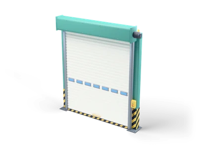 White industrial roller shutter with blue windows and a striped bottom in a teal steel frame