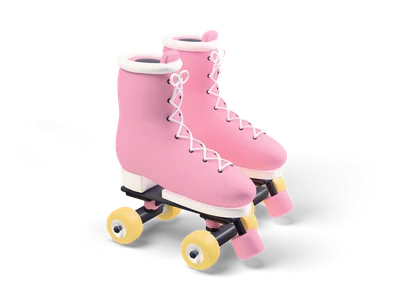 Pair of pink retro roller skates with white laces, dark plates and yellow wheels