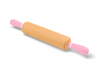 Wooden rolling pin with honey-colored roller and pink handles with white rings
