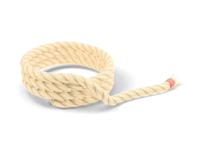 Coil of light beige twisted rope with a loose end lying on the floor and a coral band near the frayed tip