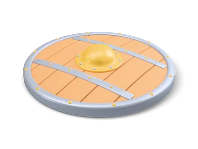 Stylized round wooden shield with an iron rim and bands, gold rivets and a domed gold boss in the center