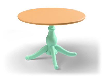 Round honey wood table on a mint green turned pedestal with four curved feet